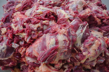 Fresh red beef is cut into small sizes, in order to celebrate the mulism religious celebration, Eid al-Adha