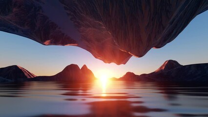 Wall Mural - 3d animation. Sailing along the seaside during a sunset. Seascape panorama with cliffs and rocks reflecting in the water. Abstract nature background