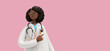 © NeoLeo - 3d render. Black woman doctor shows direction with index finger. Pharmacist cartoon character, healthcare professional, isolated on pink background. Medical presentation concept