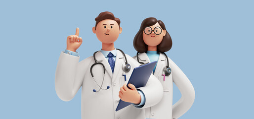 3d render, caucasian man and woman doctors, holds clipboard and shows index finger up. Medical colleagues hospital staff. Cartoon characters isolated on blue background