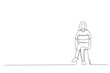 © rina - Cartoon of Happy young woman working online, sitting on chair and using laptop continuous line art