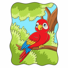 Wall Mural - cartoon illustration The parrot is perched on a tall and big tree trunk in the middle of the forest and looking back