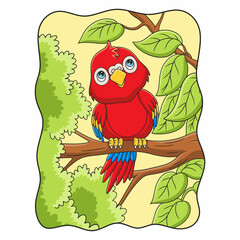 Wall Mural - cartoon illustration the parrot is perching on a big and tall tree trunk and looking up at the clouds