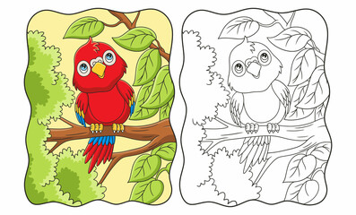 cartoon illustration the parrot is perching on a big and tall tree trunk and looking up at the clouds book or page for kids
