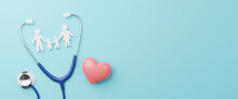 Top View Of Medical Stethoscope And Icon Family With Heart Symbol On Cyan Background. Health Care Insurance Concept. 3d Rendering