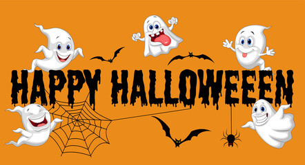 Happy Halloween. Funny ghosts flying on orange background