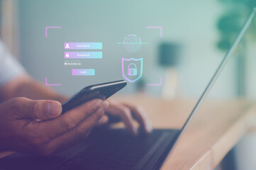 Leinwandbilder - Security on the Internet innovation technology against digital cyber crime, user finger scanning allows access input username and password for or technology security system and prevent hacker concept.