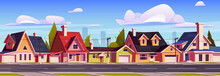 Suburb Houses, Suburban Street With Residential Cottages And City Skyline, Countryside Two Storey Buildings With Garages. Home Facades With Green Trees And Asphalt Road. Cartoon Vector Illustration