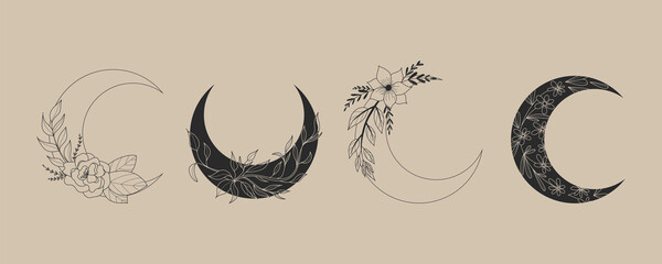 Boho floral moon. Flowers in trendy linear minimal style, outline emblem for jewelry, handmade masters, cosmetics. Spa, beauty and tattoo salon, mystery feminine symbol, esoteric astronomy vector set