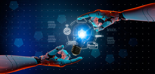 Cybersecurity digital network systems VPN computer security shield icon. AI Information technology protected firewall, secure access and encryption against cyber attacks, 3D robot futuristic abstract