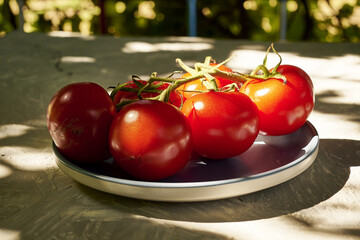 Wall Mural - a brush of red ripe tomatoes on a garden table in a summer gazebo on a sunny day