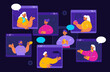 © klyaksun - Friends during video conference, male and female characters meet in online bar or virtual chat. Computer screens with people communicate distantly, internet meeting, Line art flat vector illustration