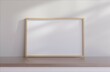 Wooden one horizontal frame mockup on wooden cupboard with white background. Minimalist home. Boho style. 3D illustrations.