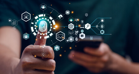 Banking data protection with fingerprint sign-up, cyber security, financial technology. Internet innovation technology against digital cyber crime. big Data businesses.User scans fingerprint to log in