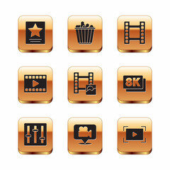 Poster - Set Hollywood walk of fame star, Sound mixer controller, Camera and location, Play Video, Online play video and Popcorn box icon. Vector