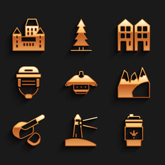 Sticker - Set Christmas sweater, Lighthouse, Coffee cup to go, Mountains, Peameal bacon, Hockey helmet, House and Chateau Frontenac hotel icon. Vector