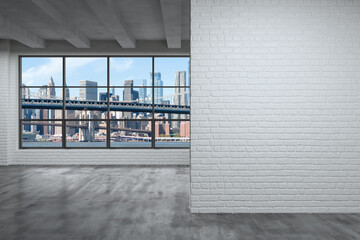 Downtown New York City Lower Manhattan Skyline Buildings. High Floor Window. White mockup wall. Empty room Interior Skyscrapers View Cityscape. Financial district. Brooklyn Bridge. 3d rendering.