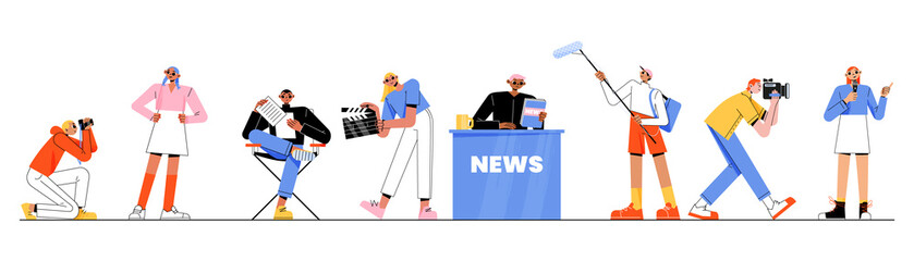 Set tv employees, professional mass media workers cameraman, videographer and journalist characters record video on camera. Presenter broadcast news, television job, Linear flat vector illustration