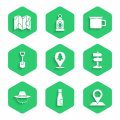 Sticker - Set Location of the forest, Bottle water, Road traffic signpost, Camping hat, Shovel, metal mug and map icon. Vector