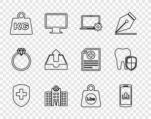 Poster - Set line Medical shield with cross, Smartphone upload, Laptop and gear, hospital building, Weight, Upload inbox, pounds and Dental protection icon. Vector