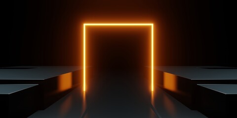 Wall Mural - 3d rendering of orange neon glowing spaceship corridor black background. scene for advertising, show