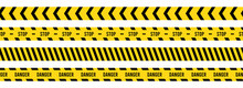 Caution, Safety Tape. Yellow, Black Stripe Danger Tape For Atterntion, Hazard Ribbon. Police, Construction Area Sign Banner, Barrier Symbol. Vector Illustration.