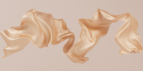 golden satin cloth design element, isolated piece of blowing fabric wave, elegant textiles 3d render