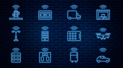 Sticker - Set line Smart car system with wireless, drone, truck, home, street light, Wireless antenna, tablet and electrical outlet icon. Vector