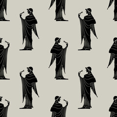 Seamless monochrome ethnic pattern with ancient Greek women. Vase painting style. Black silhouettes on white background.