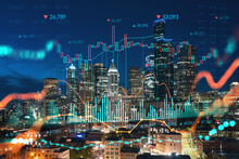 Illuminated Aerial Cityscape Of Seattle, Downtown At Night Time, Washington, USA. Forex Graph Hologram. The Concept Of Internet Trading, Brokerage And Fundamental Analysis
