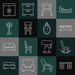 Wall Mural - Set line Office desk, Armchair, Chest of drawers, Chair, Coat stand, Wardrobe and Mirror icon. Vector