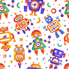 Sticker - Robot Seamless Pattern with Futuristic Modern Bot and Android Vector Template