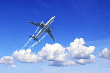 Wall Mural - Horizontal nature background with aircraft and Jet trailing smoke in the sky. Airplane and condensation trail