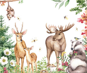 Naklejka na meble Watercolor cute baby fawn, deer, moose, opossum, badger, forest floral illustration. Woodland hand-painted nature animal print for kids design, postcard, poster, background