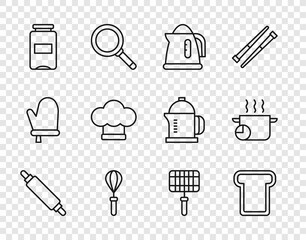 Wall Mural - Set line Rolling pin, Bread toast, Electric kettle, Kitchen whisk, Jam jar, Chef hat, Barbecue steel grid and Cooking pot icon. Vector