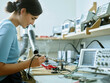 © Westend61 - Smiling technician with work tool soldering electronic equipment at desk in laboratory