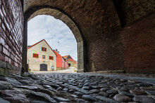 Sweden, Halland, Varberg, Cobblestone Footpath And Arched Exit InVarberg Fortress