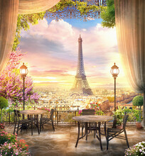 3d Image Eiffel Tower At Sunset In Paris, France. Romantic Travel Background Fresco. Poster Design. 3d Render