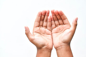 Wall Mural - Muslim child man lift two hand for praying ,isolated on white background.concept for Ramadan, Eid al Fitr, eid ad-ha, meditation, islamic praying