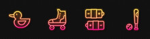 Set Line Battery, Rubber Duck, Roller Skate And Baseball Bat With Ball. Glowing Neon Icon. Vector