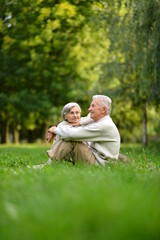 Sticker - Portrait of elderly couple sitting on green grass in the summer park