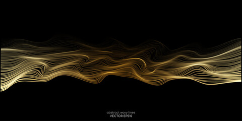 Wall Mural - Vector wave lines smooth flowing dynamic gold gradient light isolated on black background for concept of luxury, technology, digital, communication, science, music