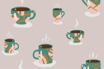 Hot steaming mugs seamless pattern. Decorative repeat background with tea or coffee cups. Vector illustration for surface design 