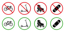 Allowed Zone For Push Transport Sign Set. Forbid Roller Skate Board Kick Scooter Black Bicycle Silhouette Icon. Attention Prohibit Danger Area Wheel Transport Pictogram. Isolated Vector Illustration