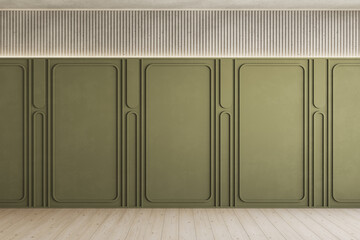 Contemporary empty interior with blank wall and green wall panels. 3d render illustration mockup.