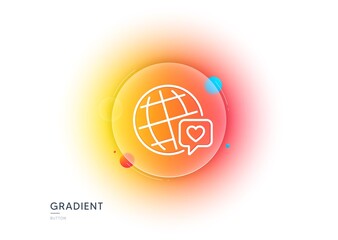 Friends world line icon. Gradient blur button with glassmorphism. Friendship love sign. World brand ambassador symbol. Transparent glass design. World brand line icon. Vector