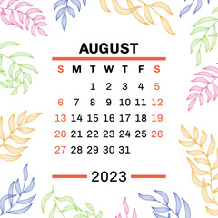 Poster - August. Calendar 2023. Leaves. Vector leaf. Hand drawn repeating elements. Fashion design print. Natural background