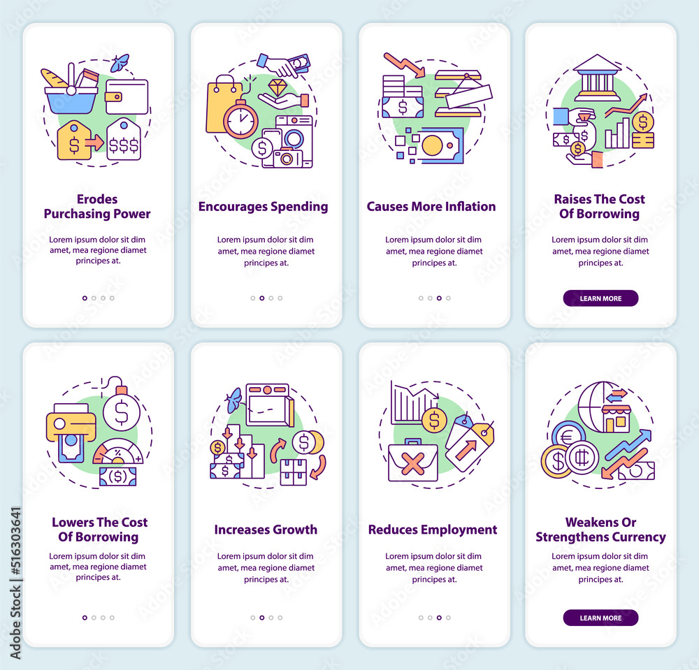 Inflation consequences onboarding mobile app screen set. Walkthrough 4 ...