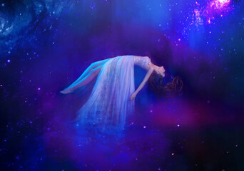 portrait fantasy woman sleeping beauty soars floats in dream, night starry dark sky. girl flies in s