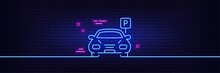 Neon Light Glow Effect. Car Parking Line Icon. Auto Park Sign. Transport Place Symbol. 3d Line Neon Glow Icon. Brick Wall Banner. Parking Outline. Vector